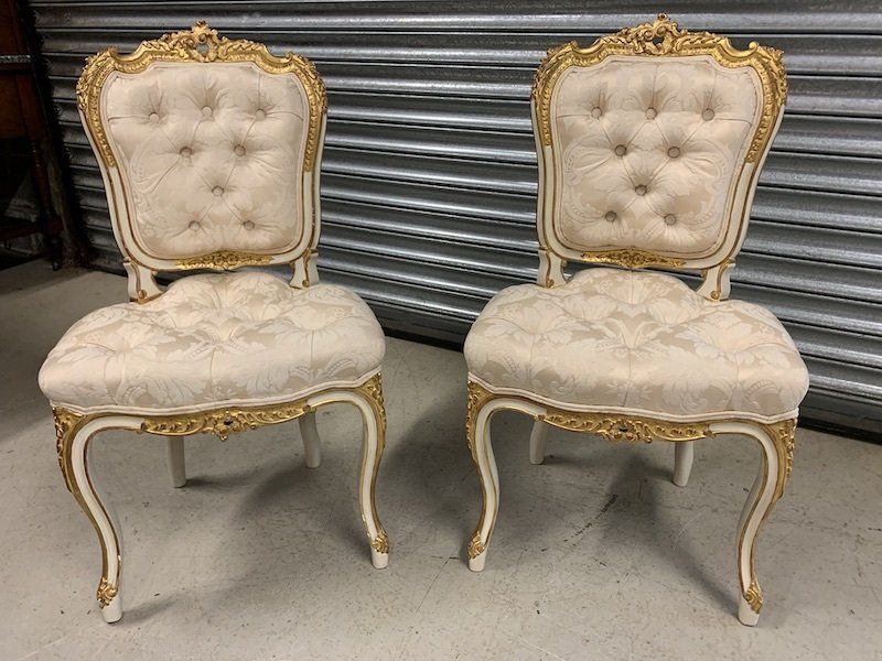 A Lovely Pair of Antique French Ivory & Gold Gilt Chairs
