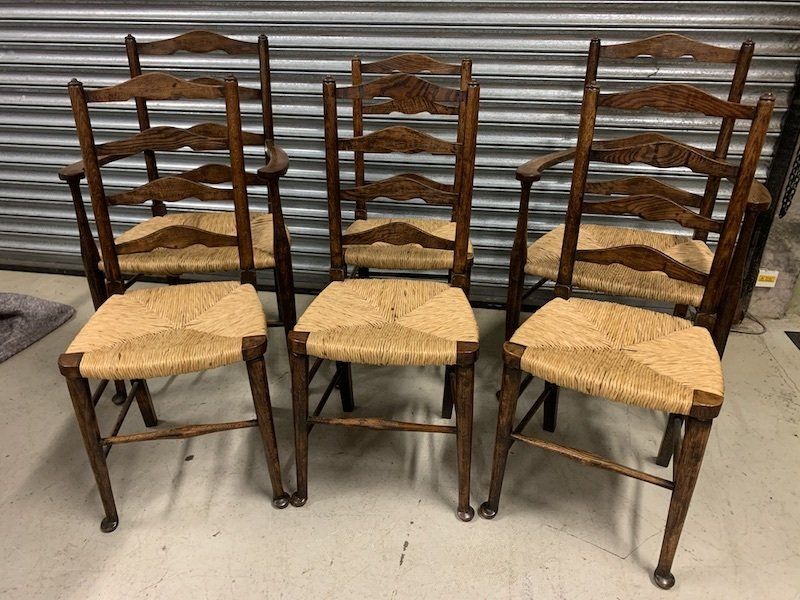A Set of Six Solid Oak & Reed Lancashire Ladder Back Dining Chairs