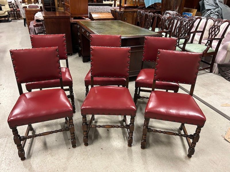 Set of Six Quality Cromwellian Style Oak & Leather Dining Chairs