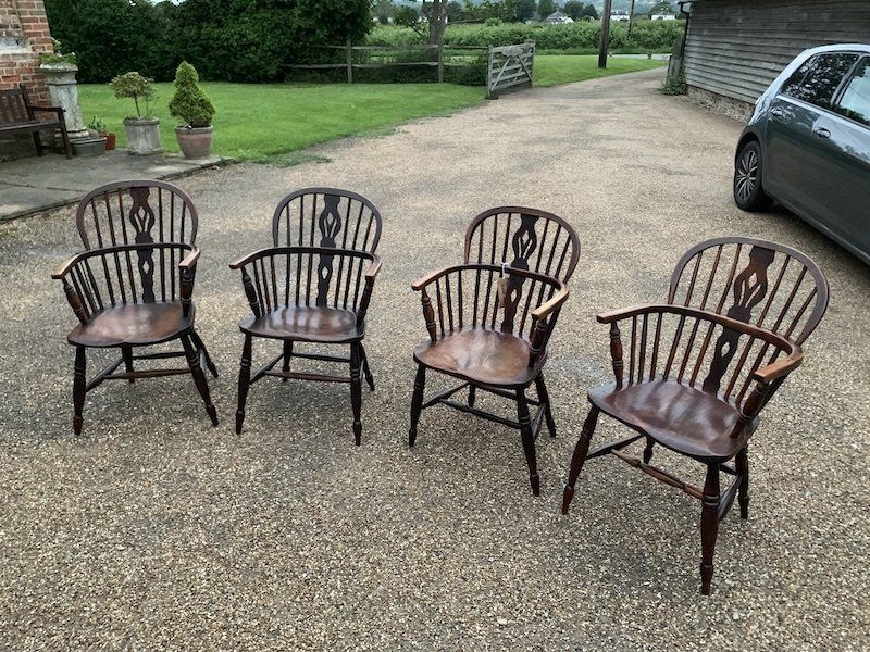 Four Antique Solid Elm Windsor Chairs
