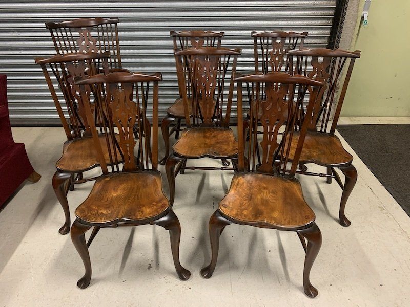 A Stunning Set of Eight Solid Elm Fan Back Dining Chairs by Stewart Linford