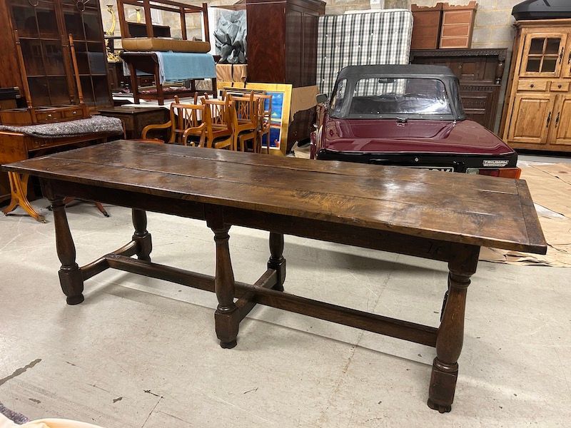 Stunning, Antique 7'6 Solid Oak Three Planked Refectory Table