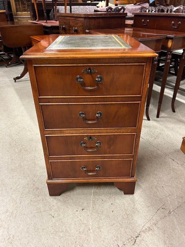 Yew Wood Two Draw Filing Cabinet with Green Leather Top
