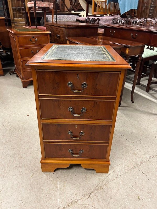 Yew Wood Two Draw Filing Cabinet with Green Leather Top