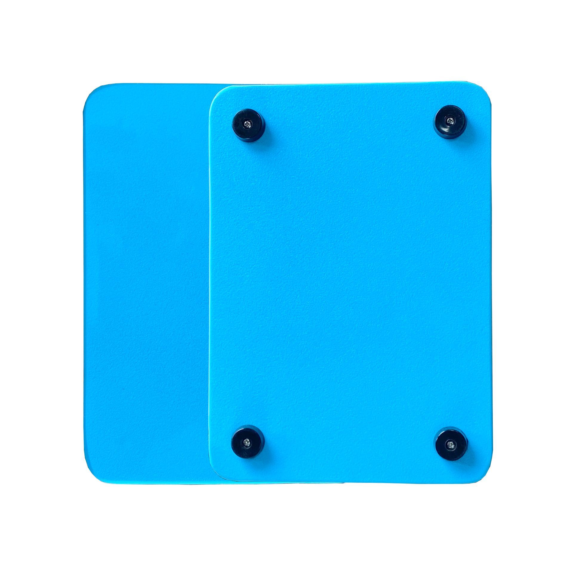 Top/Bottom Photo of Plastic Light Blue Cutting Board for kitchen use.