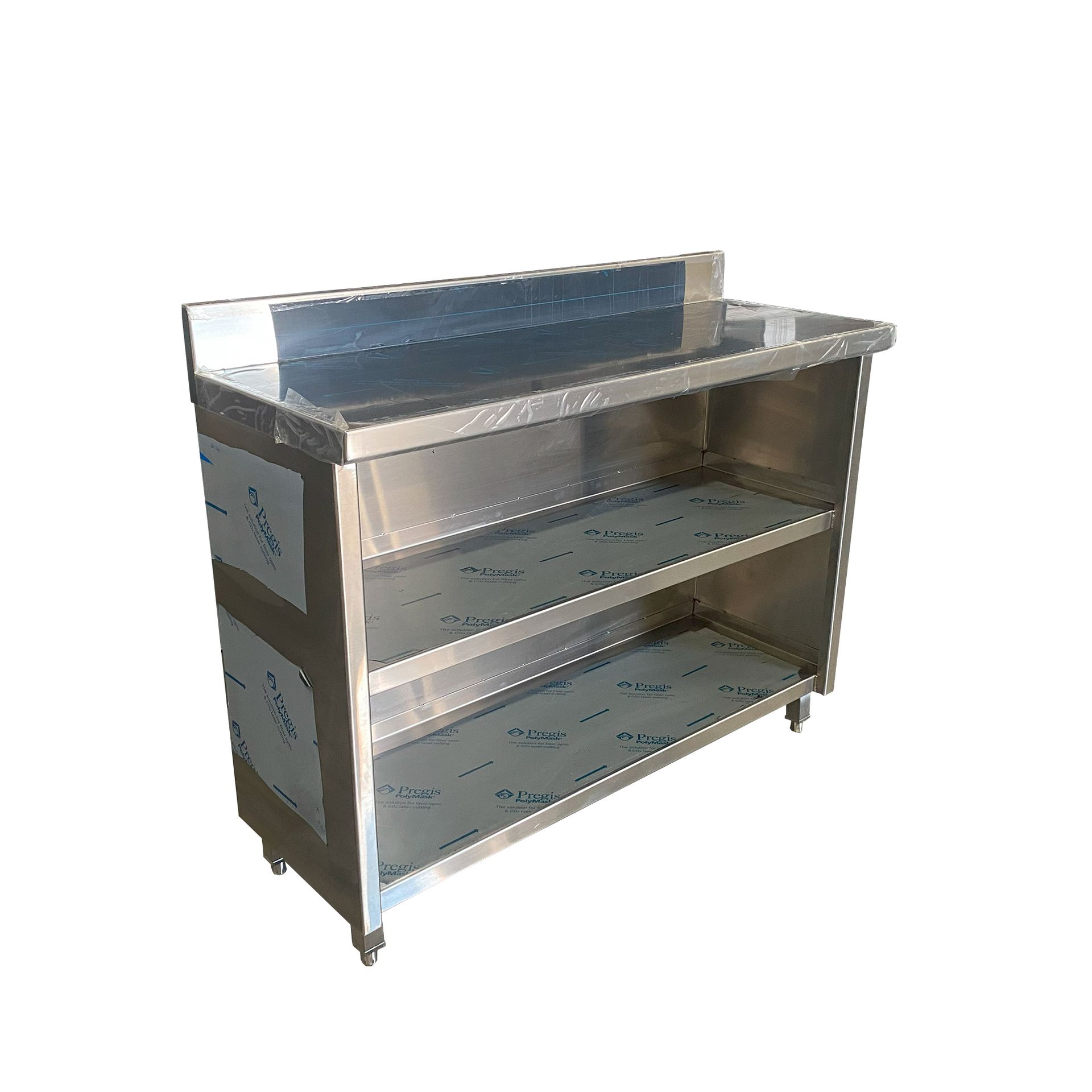 Photo of stainless steel worktable with two undershelves Angled