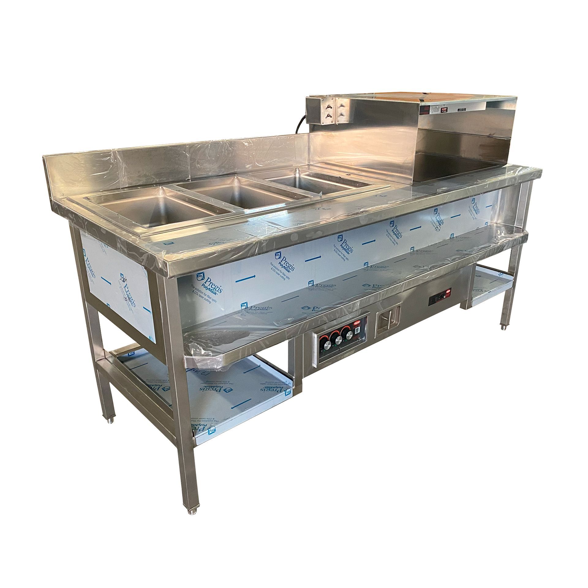 Angled photo of 80" Stainless Steel Steam Table with Hot-Wells and Potato Hood