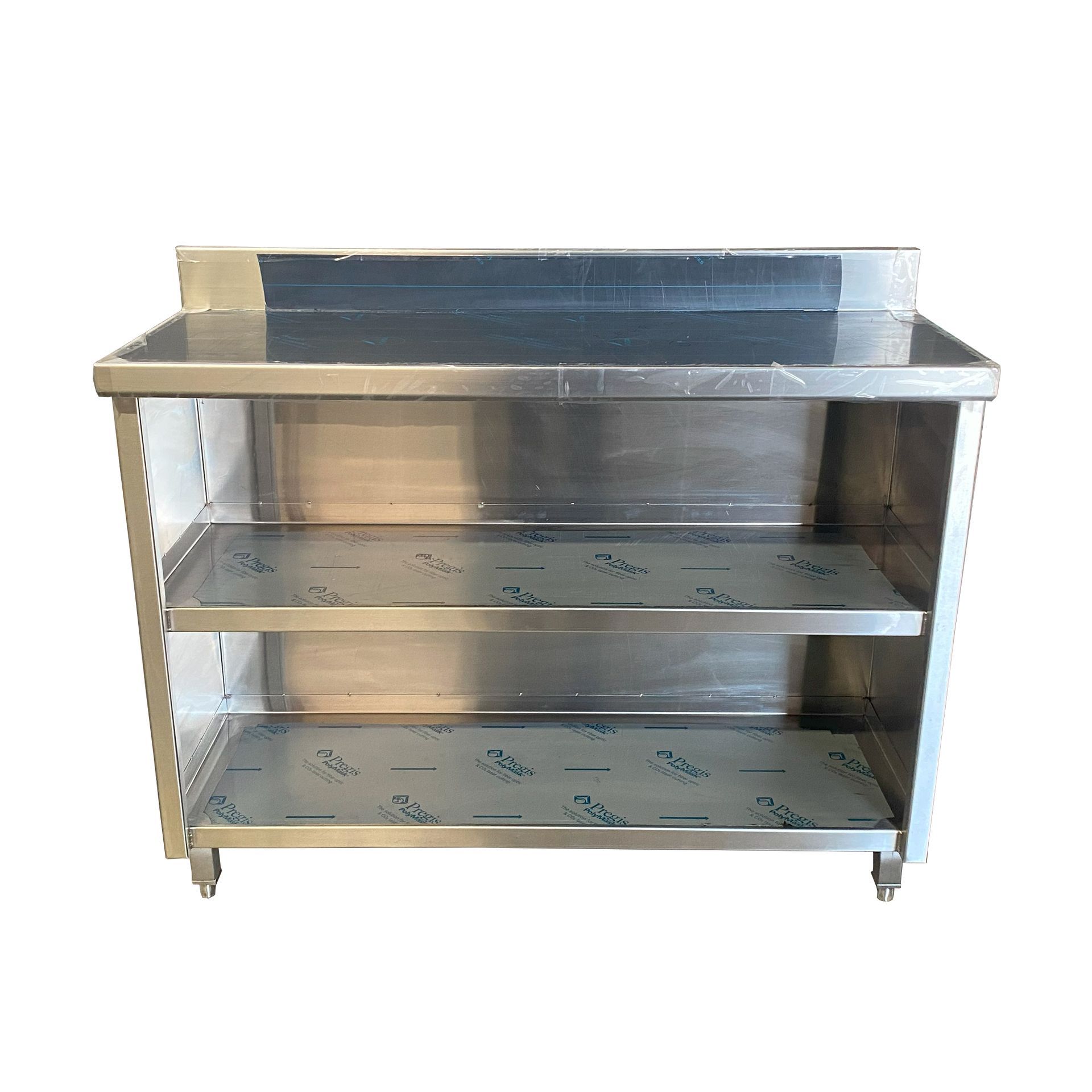 Photo of stainless steel worktable with two undershelves Angled