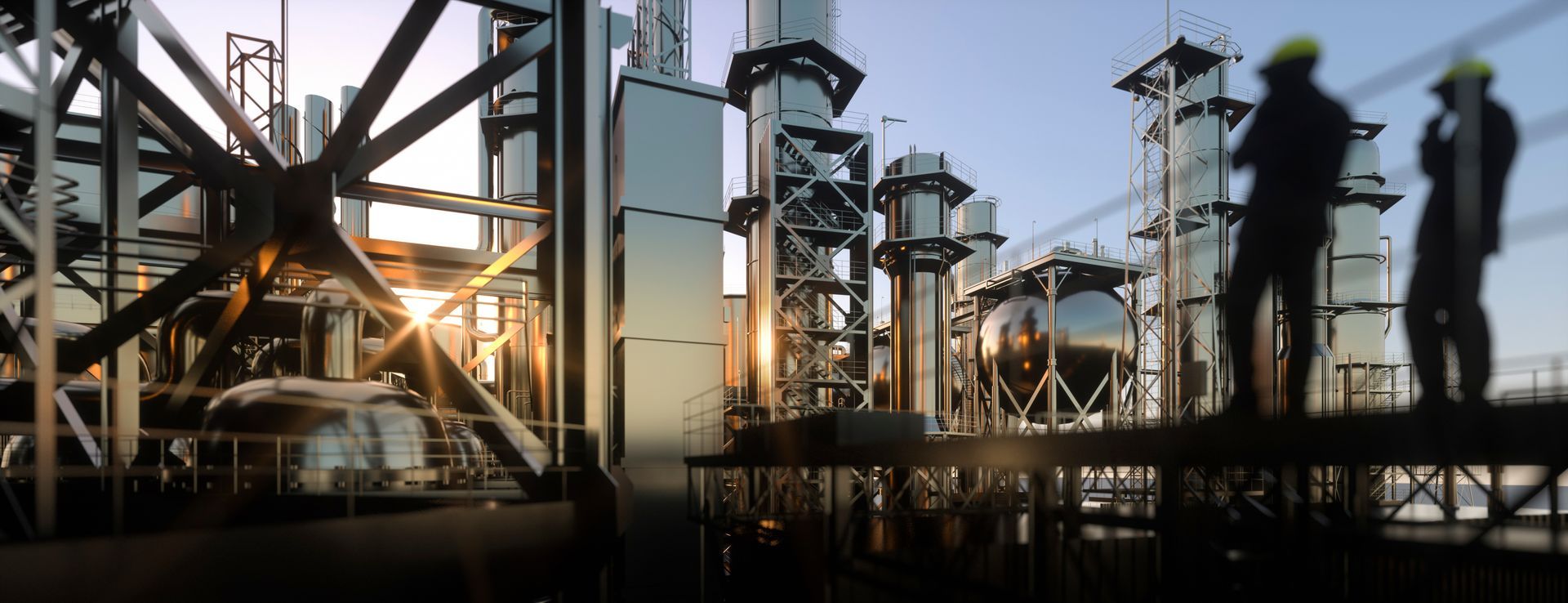 A group of people are standing in front of a large industrial plant.