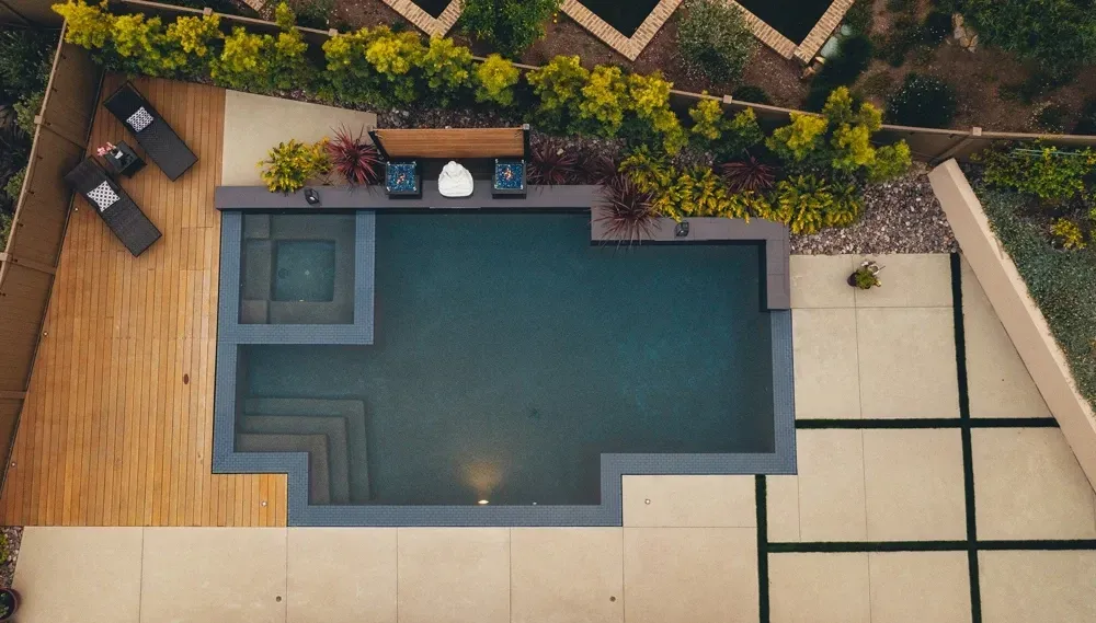 Custom Swimming Pool Construction project overhead view in Carmel Valley. Custom Swimming Pool Construction project overhead view in Carmel Valley.