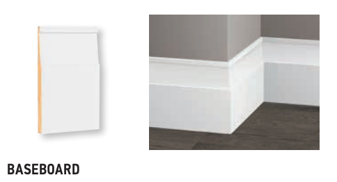 White baseboard molding, profile view on left and installed corner view on right.