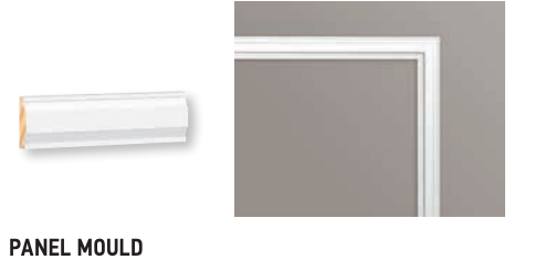 White panel molding sample and installation example on a gray wall.