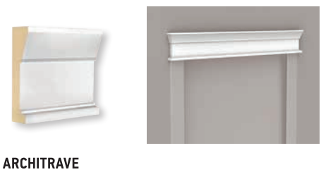 White architrave molding, both a piece of it and installed above a door.