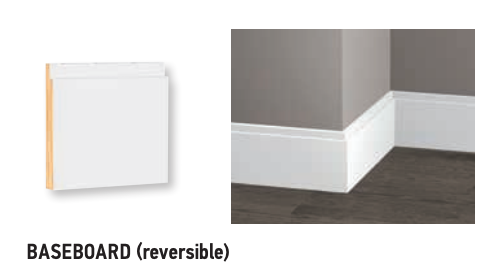 White reversible baseboard sample and installed baseboards in a room.