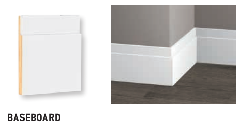 White baseboard molding, example on a wall, and in its raw wood state.