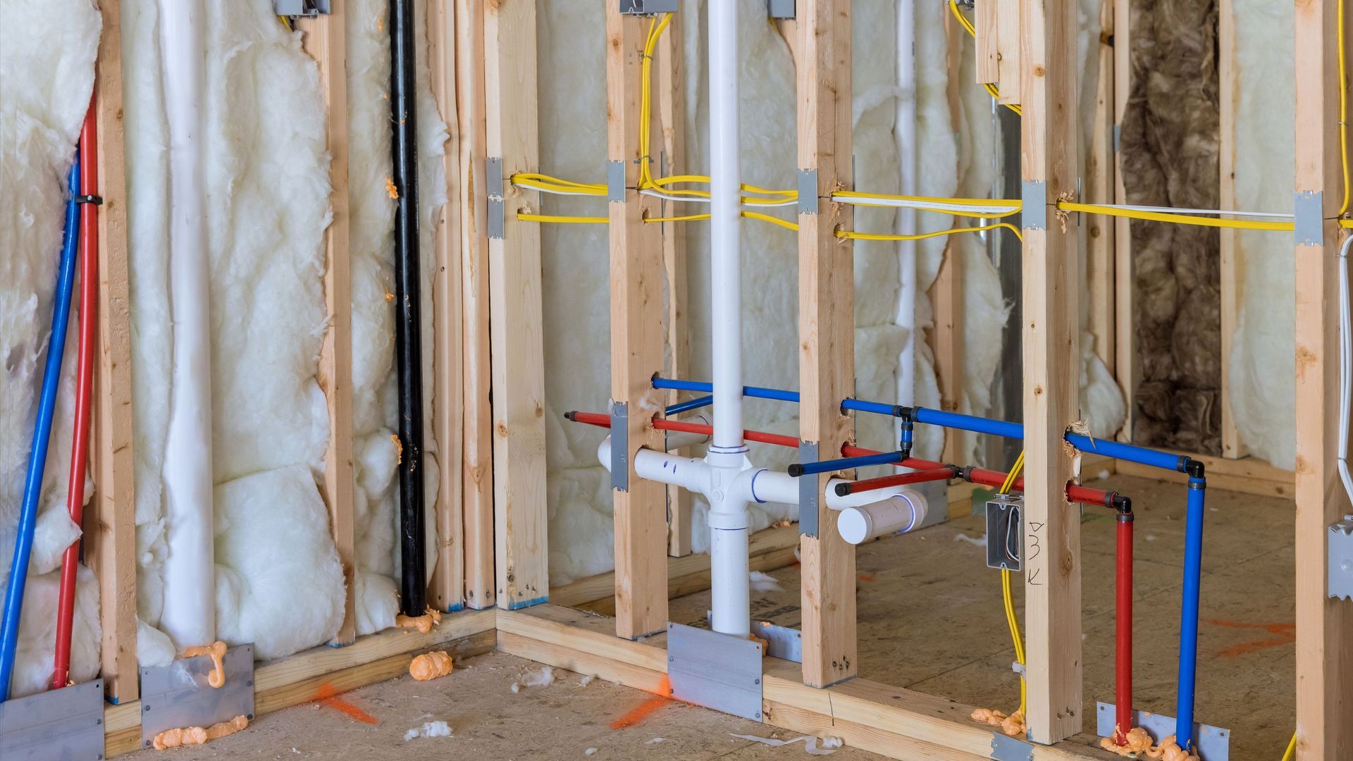 A room with a lot of pipes in it is being built.