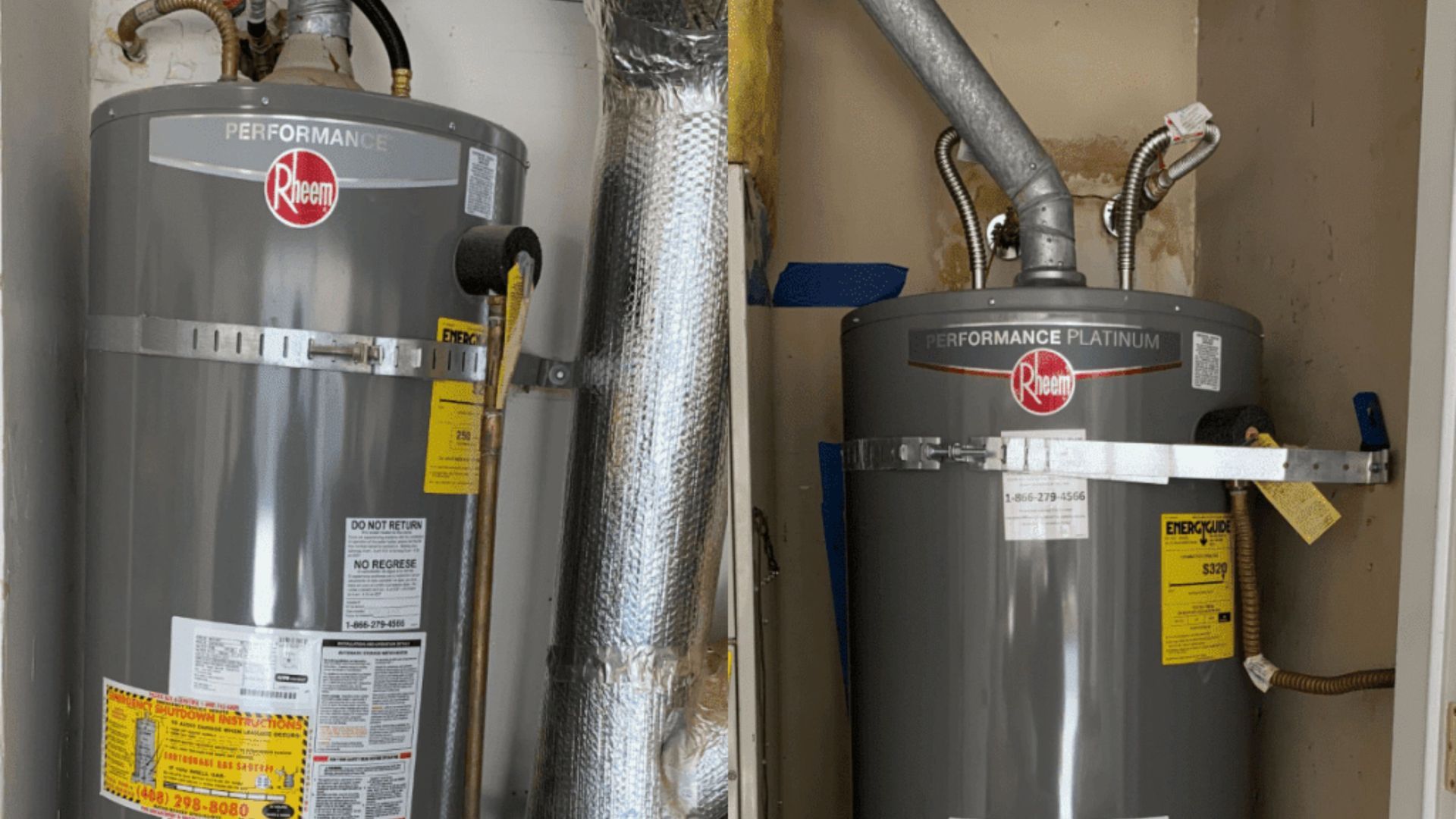 Two water heaters are sitting next to each other in a closet.