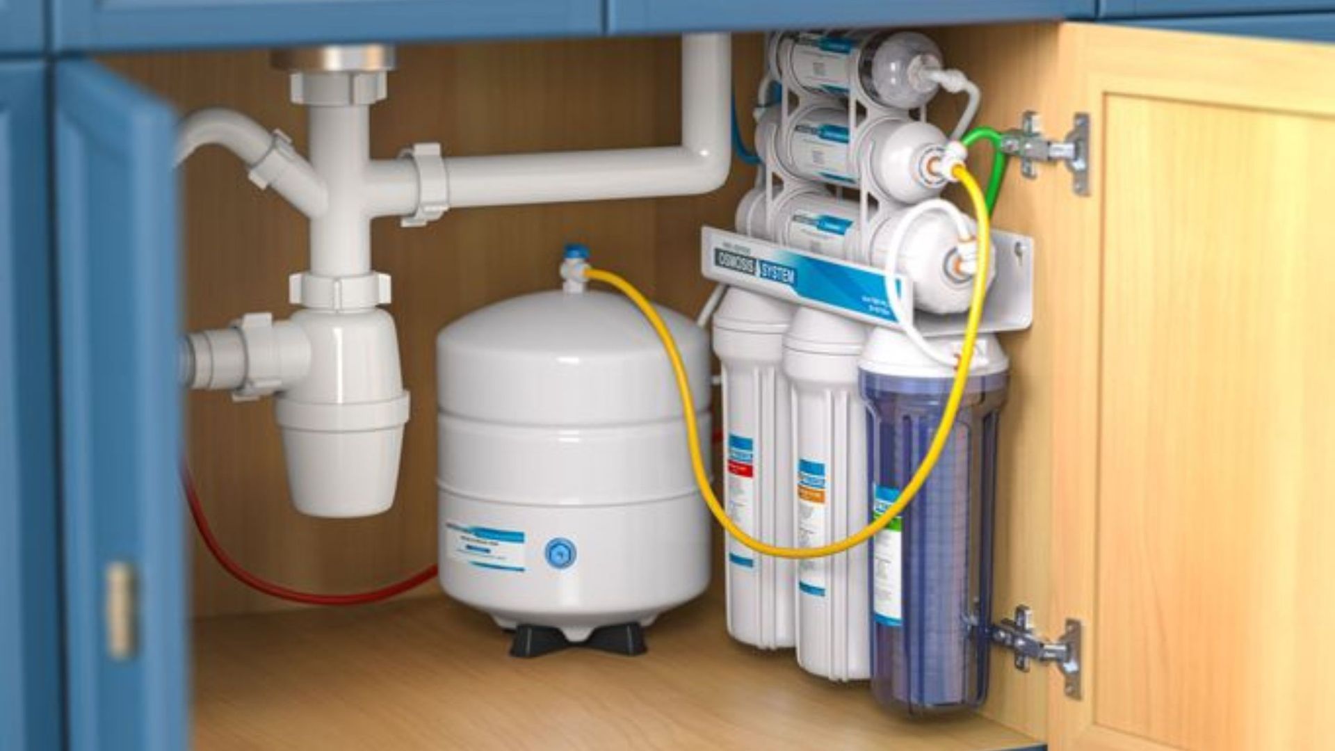 A water filter is installed under a sink in a cabinet.