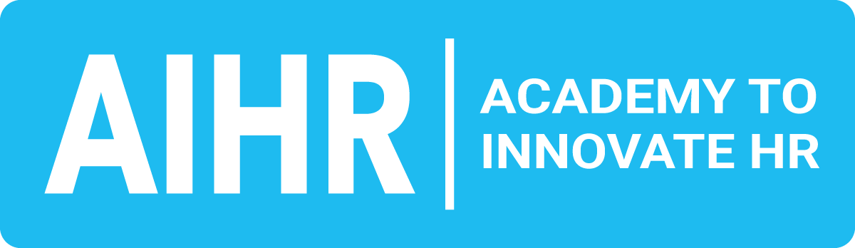 The aihr academy to innovate hr logo is blue and white.