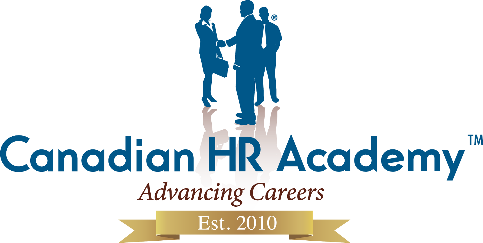 The logo for the canadian hr academy shows three people shaking hands.