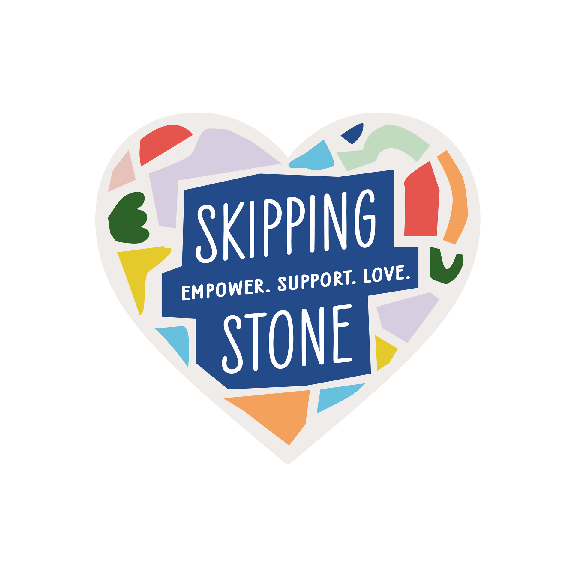 A heart shaped sticker that says skipping stone empower support love.