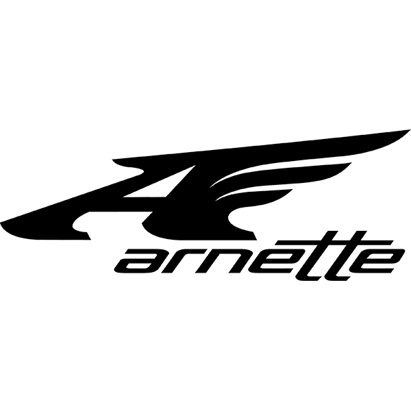 Un logo in bianco e nero per Arnette con un'ala su sfondo bianco.