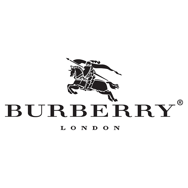 Un logo in bianco e nero per Burberry London con un uomo a cavallo.
