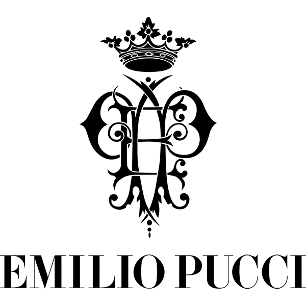 Un logo in bianco e nero per Emilio Pucci con una corona.