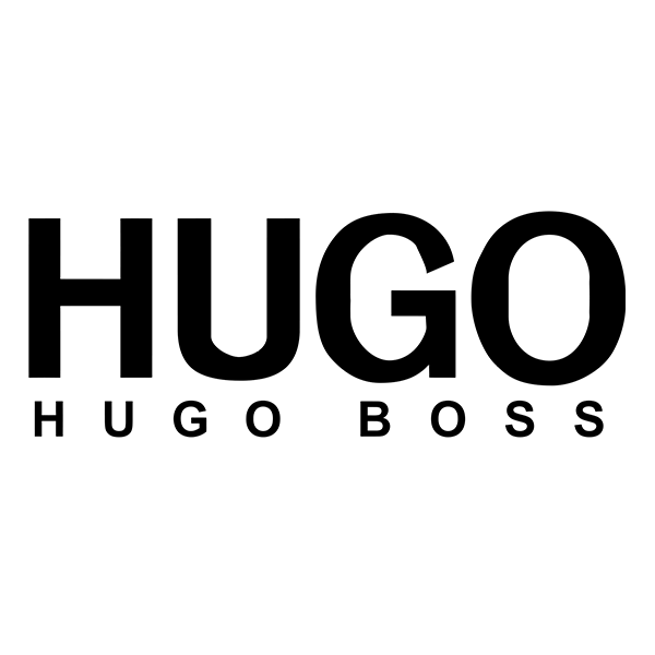 Un logo in bianco e nero per Hugo Boss su uno sfondo bianco.