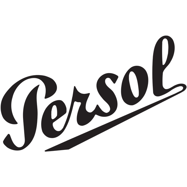 Un logo in bianco e nero per Persol su uno sfondo bianco.