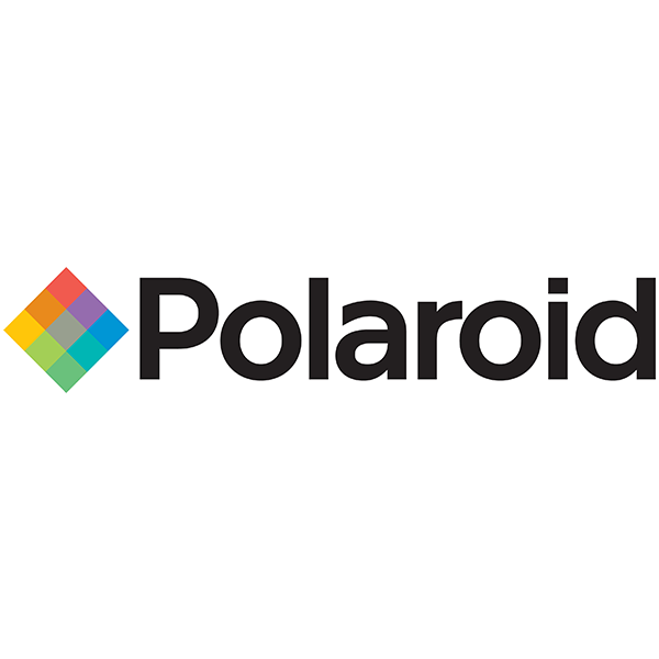 Un logo polaroid con un diamante colorato su sfondo bianco.