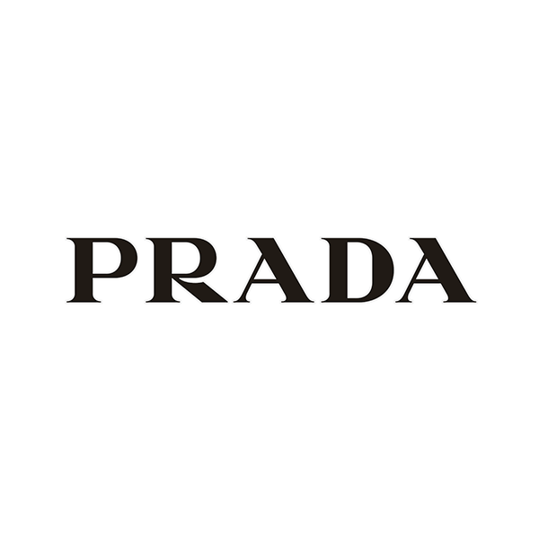 Un logo in bianco e nero per Prada su uno sfondo bianco.