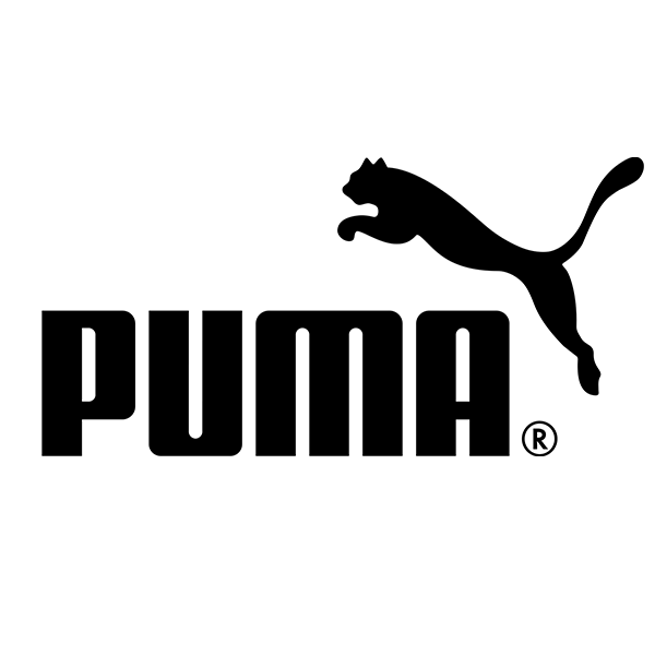 Un logo Puma in bianco e nero con un gatto che salta in aria.