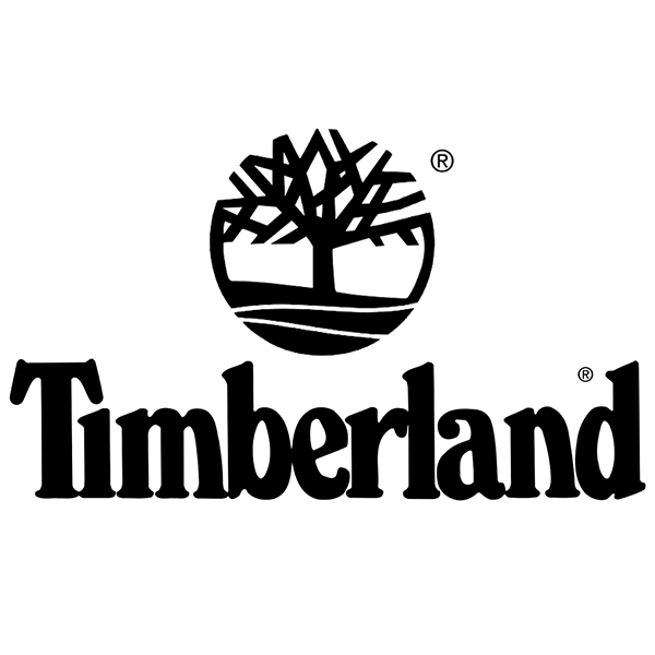 Un logo in bianco e nero per Timberland con un albero al centro.