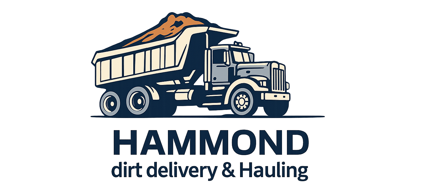 Logo for Hammond Dirt Delivery & Hauling featuring a dump truck filled with dirt.