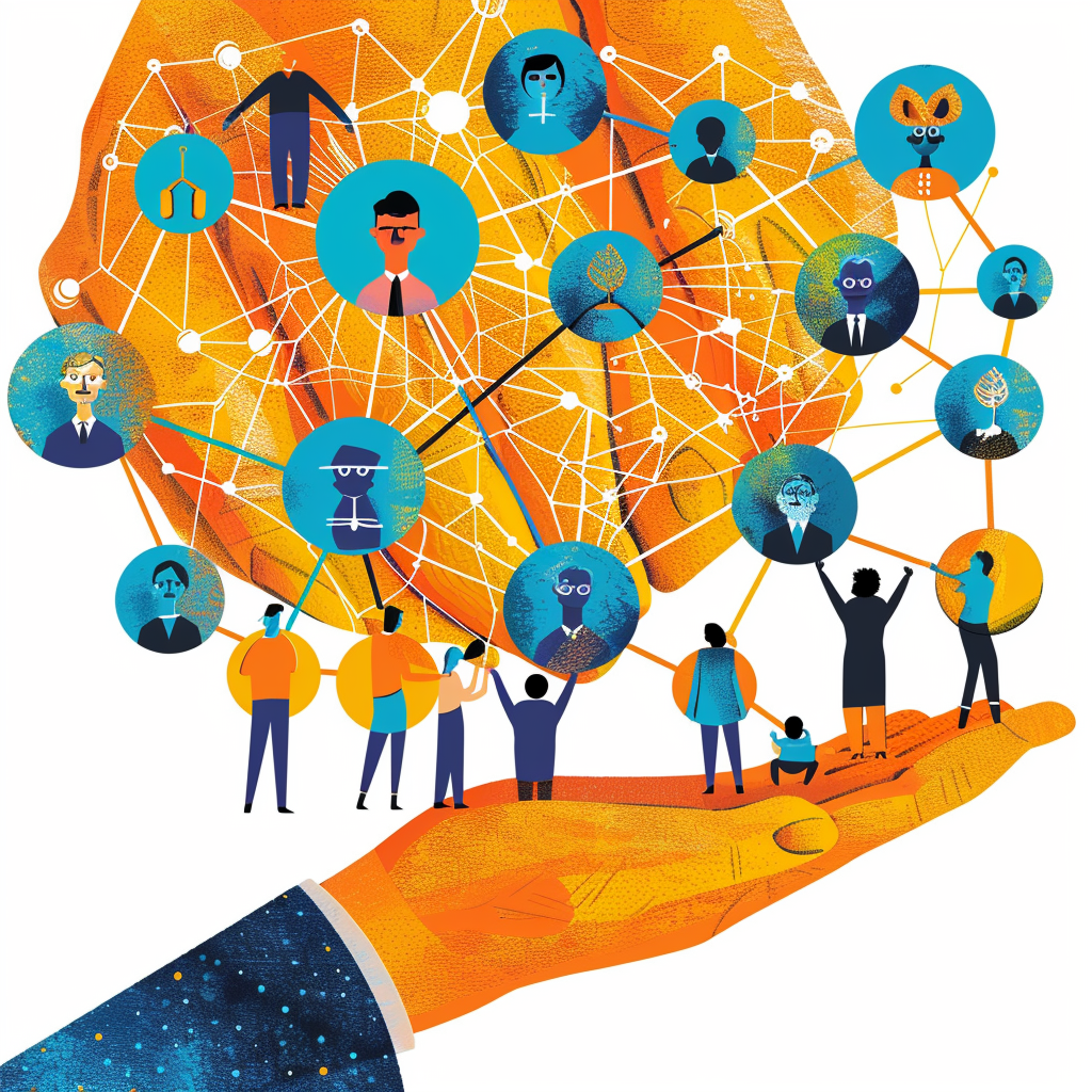 An illustration of a hand holding a globe with people on it