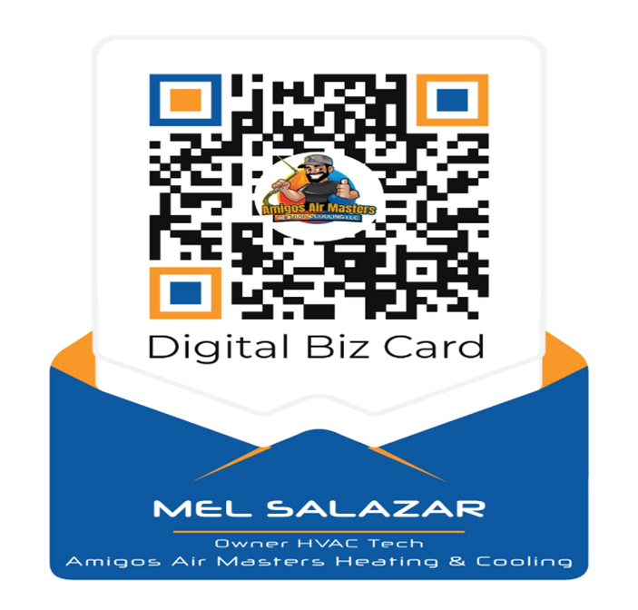 Digital business card featuring Mel Salazar, owner of Amigos Air Masters, with a QR code. Digital business card featuring Mel Salazar, owner of Amigos Air Masters, with a QR code.