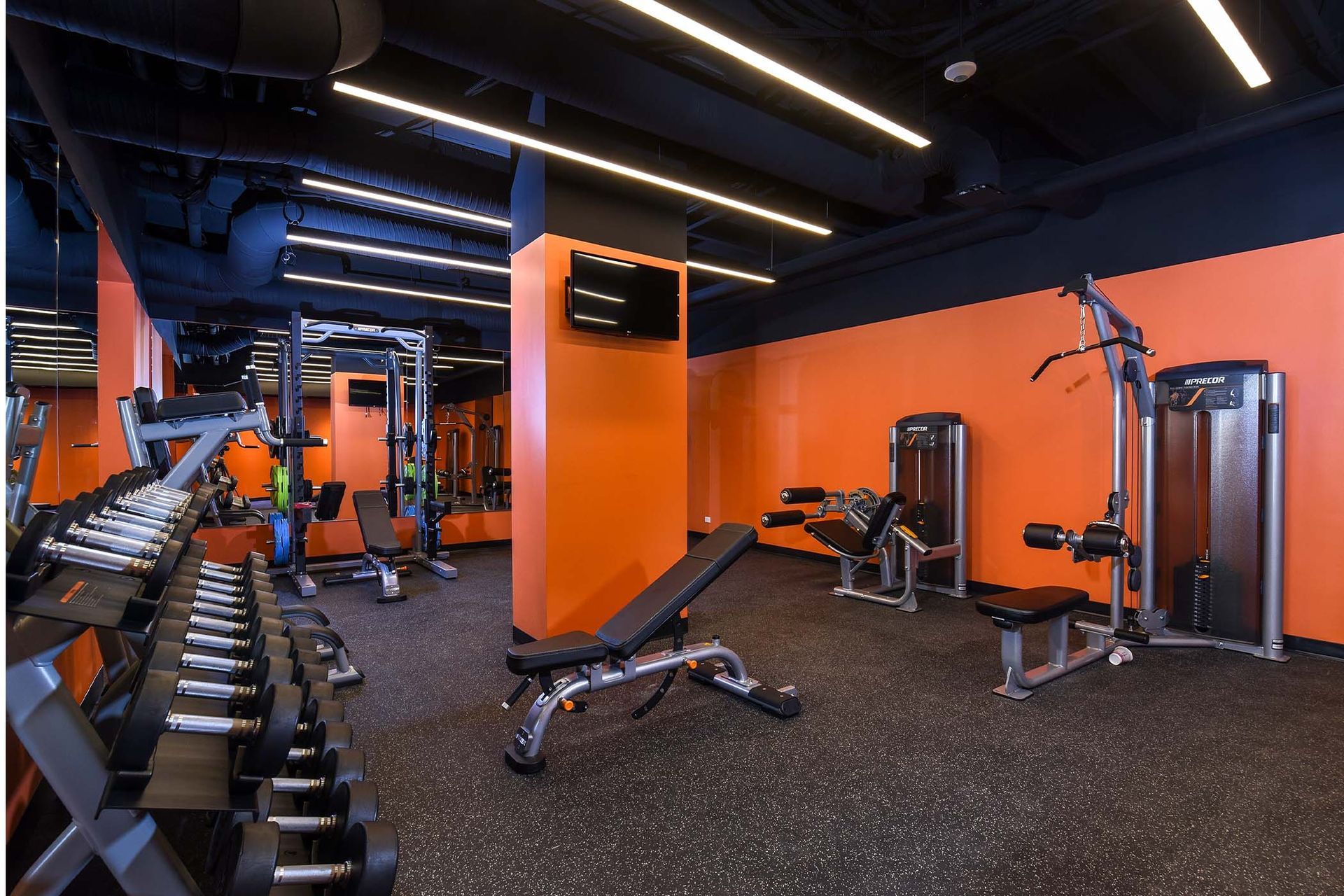 Gym interior with orange walls, black ceiling, dumbbells, weight machines, and bench at Glenmont Station in Silver Spring, MD.
