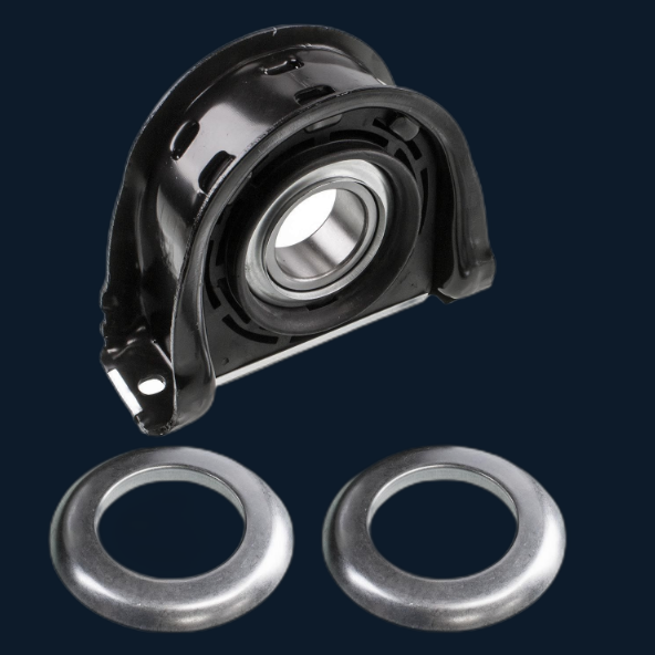Two-piece driveshaft carrier bearing assembly — bearing housing, rubber isolator, and center support bracket.
