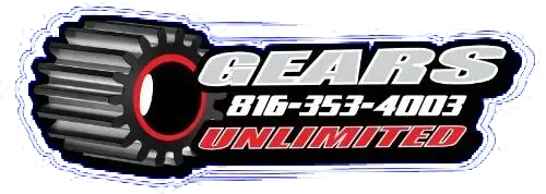 A logo for gears unlimited with a tire and a phone number.
