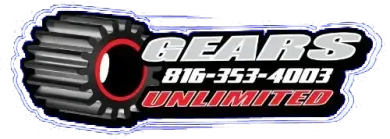 A logo for gears unlimited with a tire and a phone number.
