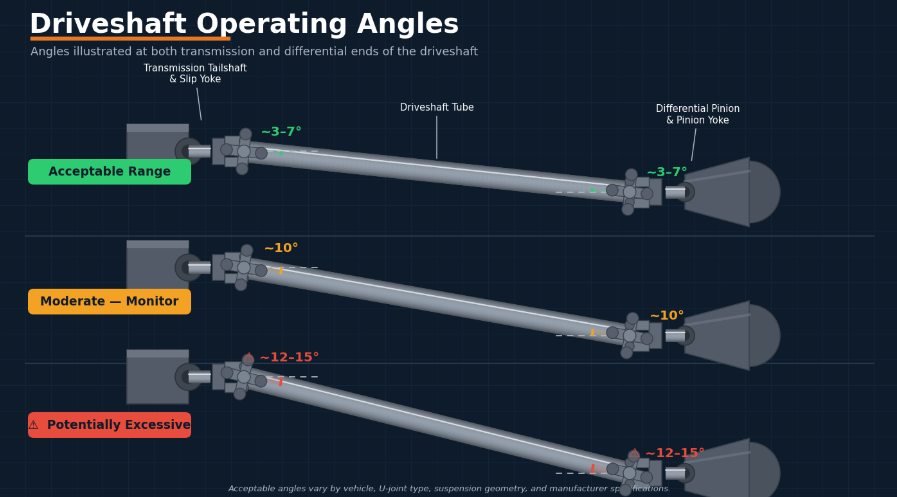Driveshaft operating angle comparison — acceptable range, moderate, and potentially excessive. Acceptable angles vary by vehicle, joint type, and manufacturer specifications.