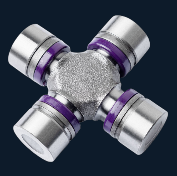 U-joint (universal joint) — cross-shaped spider with bearing cap trunnions.