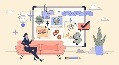 Woman on sofa, looking at a vision board with ideas: lightbulb, checkmark, dollar sign, waves, and plants.