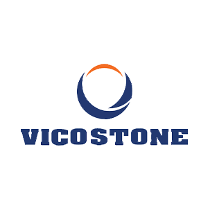 Un logo bleu et orange pour une entreprise appelée vicostone