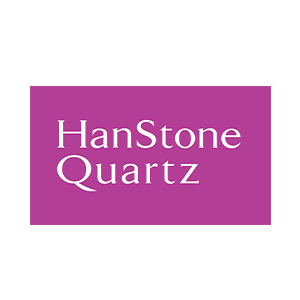 Le logo du quartz Hanstone est sur un fond violet.