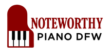 A logo for Noteworthy Piano DFW with a red piano