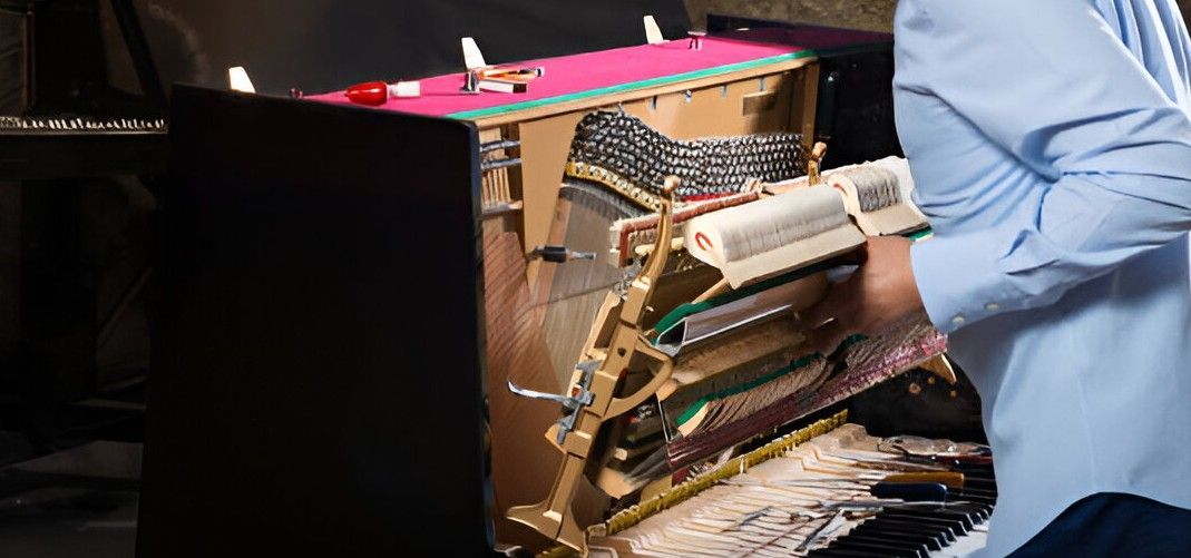 A man is cleaning a piano with a brush.