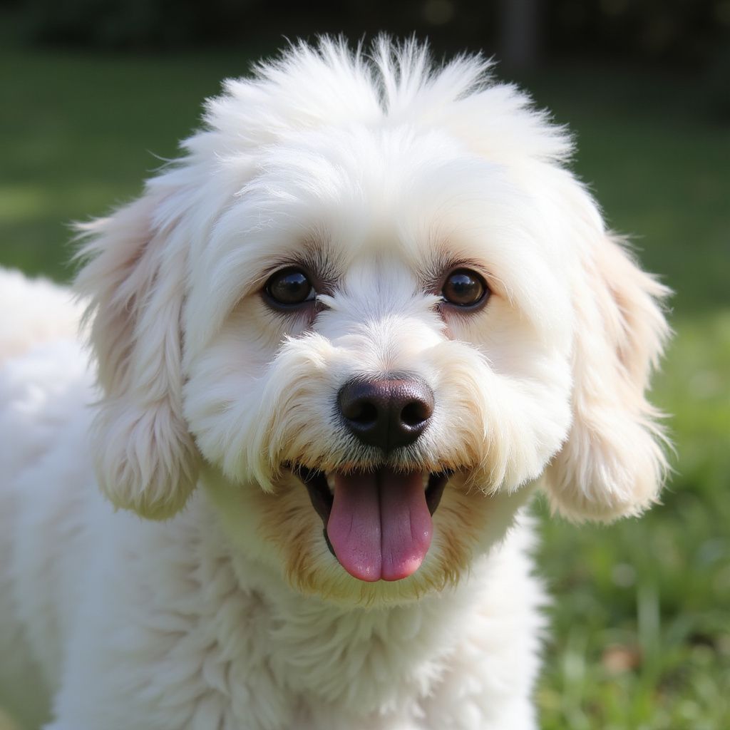 Un cane bianco e soffice con la lingua di fuori, sorridente in un prato all'aperto.
