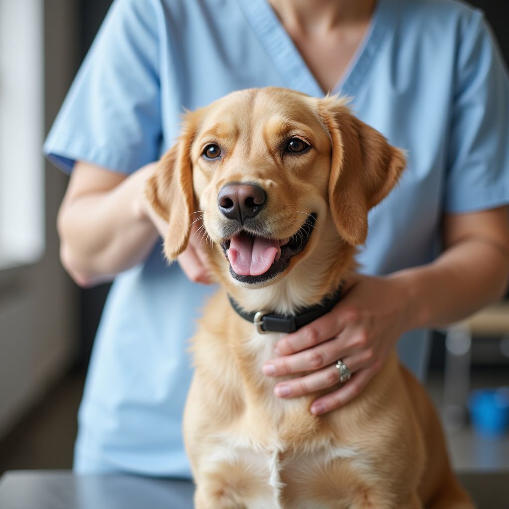 Un cane dal pelo dorato tenuto in braccio da una persona con un camice blu presso l'ambulatorio di un veterinario.